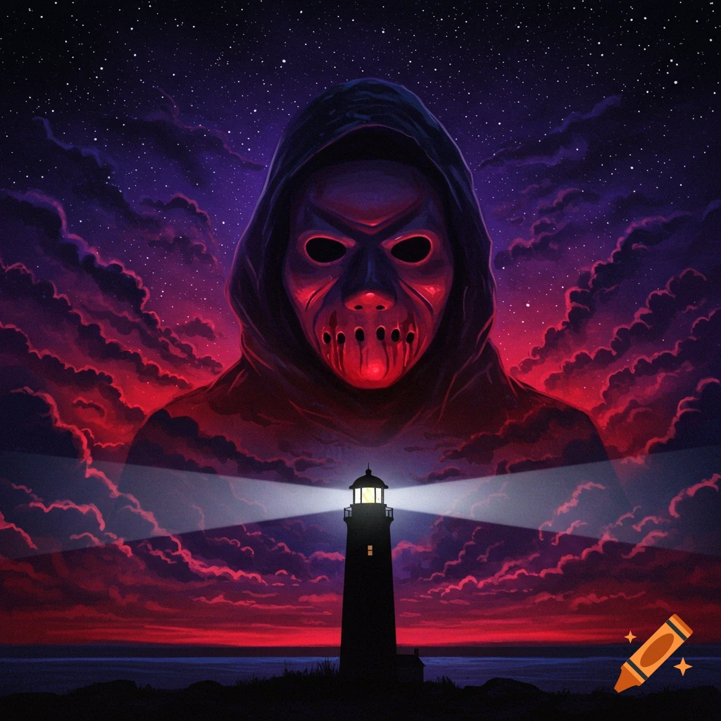 A hooded, masked figure looms in a starry night sky over a lighthouse on a shore.