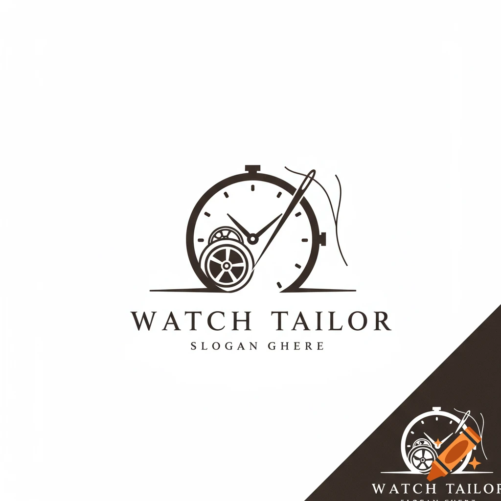 Black and white logo of a watch face with a needle and thread, and text 'WATCH TAILOR'.