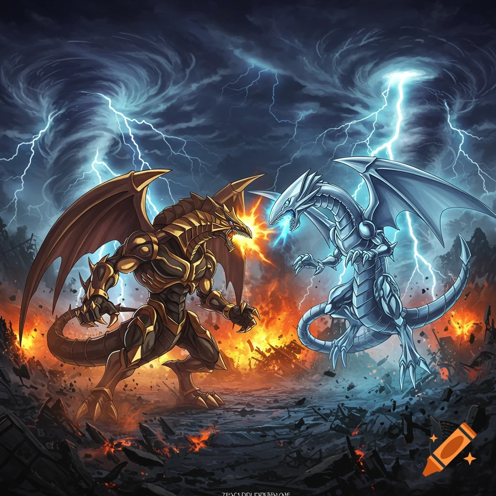 A gold dragon and a white dragon battle amidst fire, lightning, and storm clouds.