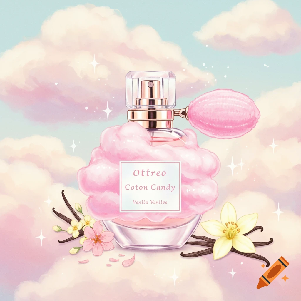 Illustration of a perfume bottle shaped like cotton candy in a pink cloudy sky with vanilla flowers and pods.