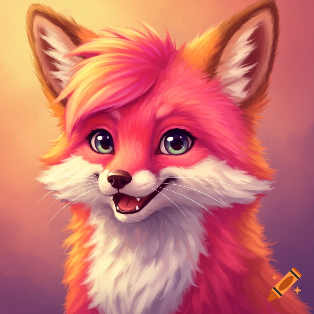 A close-up of a pink and orange fox smiling.