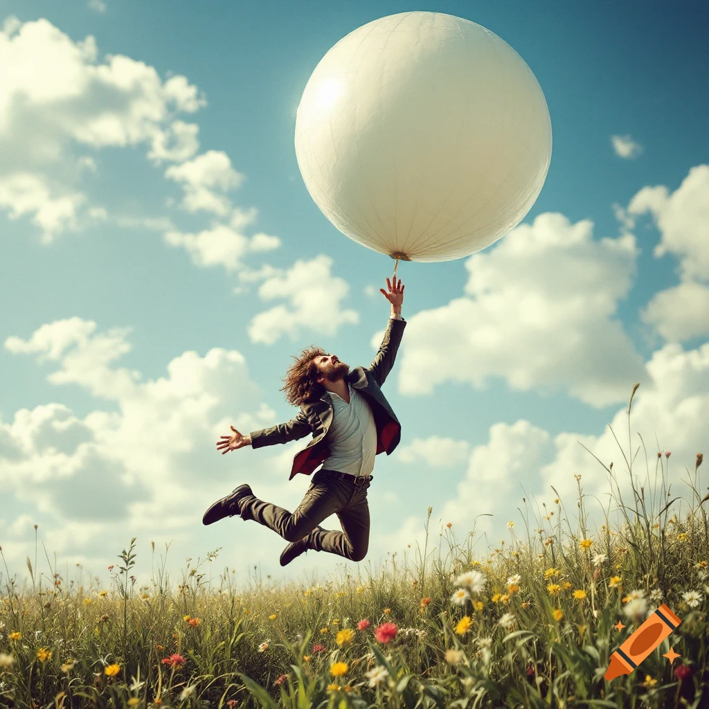 A person jumps in a field of wildflowers, holding onto a large white sphere, under a cloudy sky.