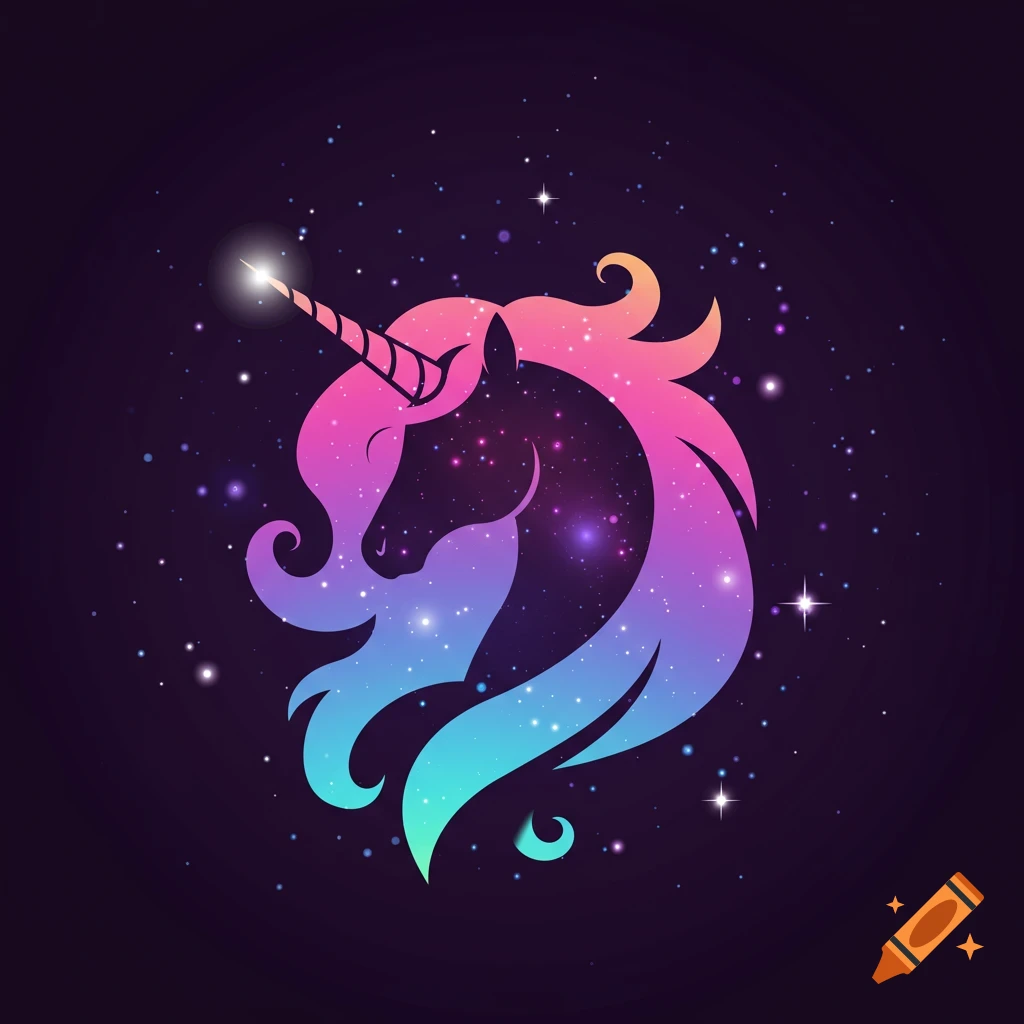 Vector illustration of a unicorn head silhouette filled with a colorful galaxy against a starry background.