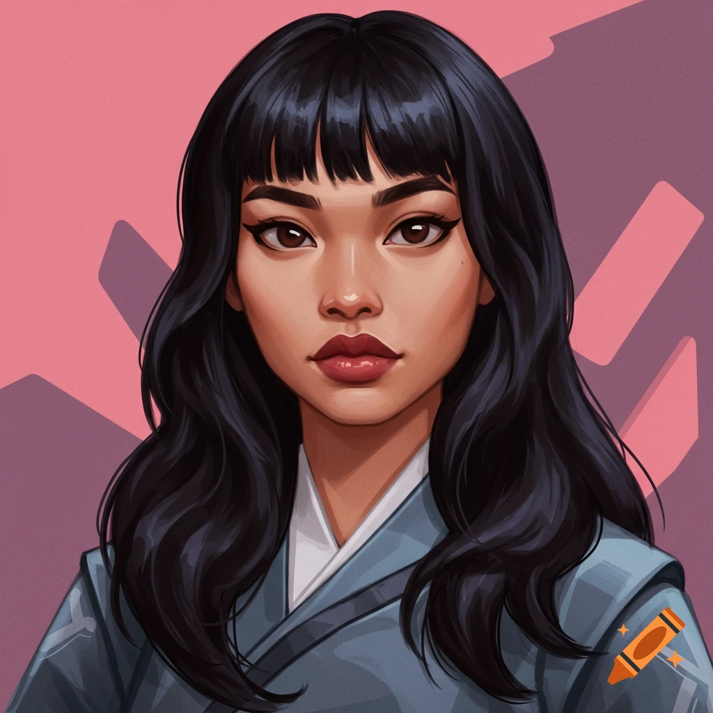 Portrait of a woman resembling Sage from VALORANT with black hair and bangs.
