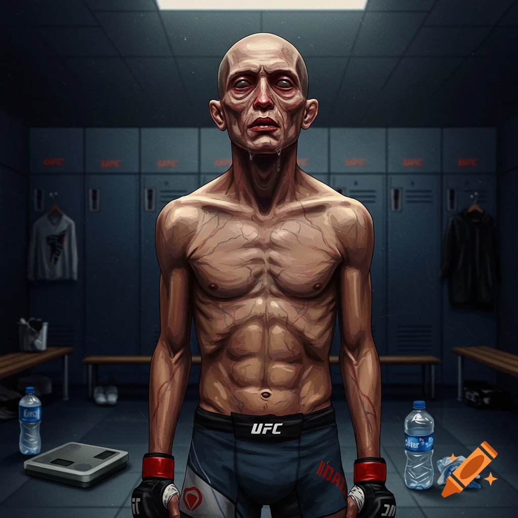 A gaunt MMA fighter stands in a locker room.