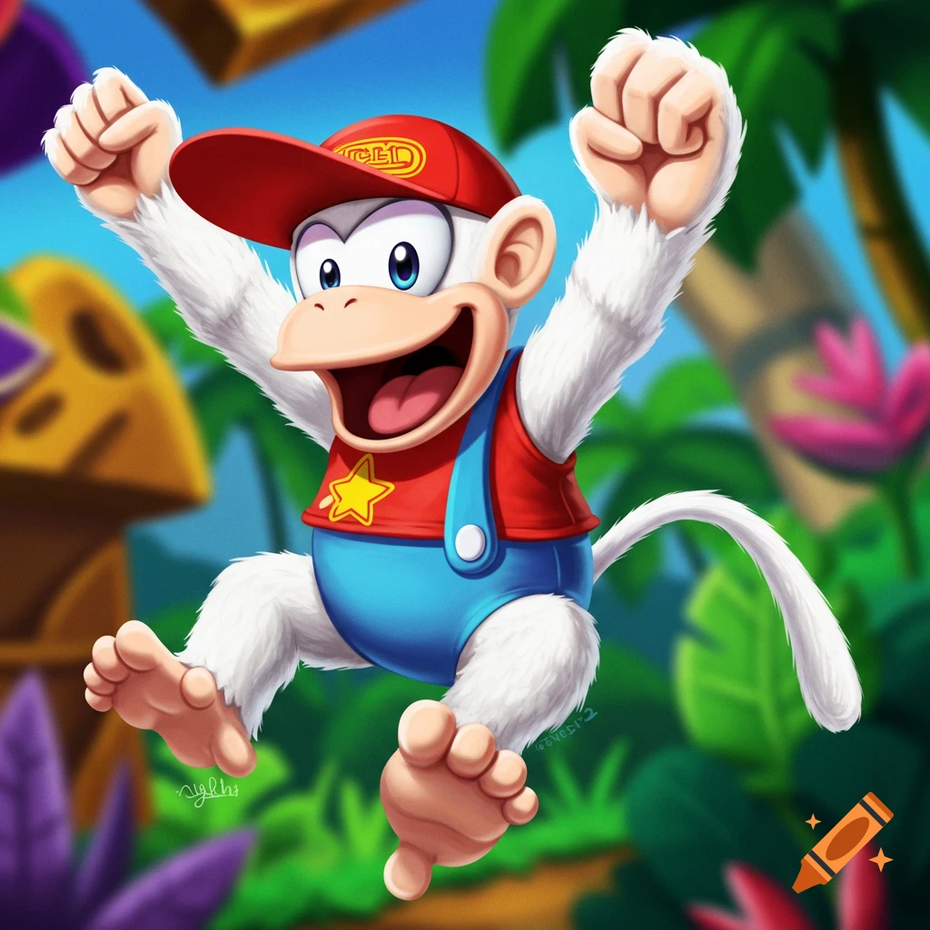 Cartoon monkey character jumping in a jungle