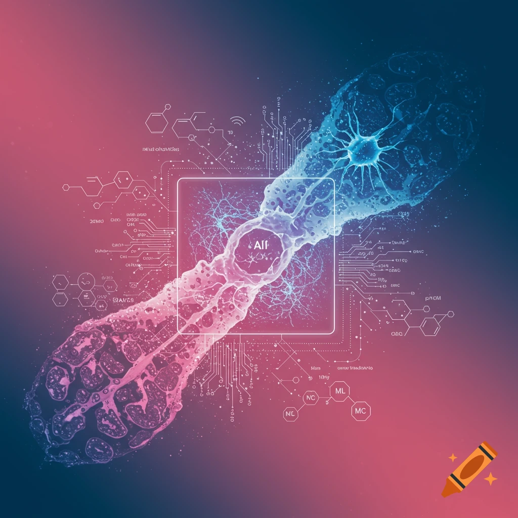A biological structure merging with a circuit board and technical diagrams.