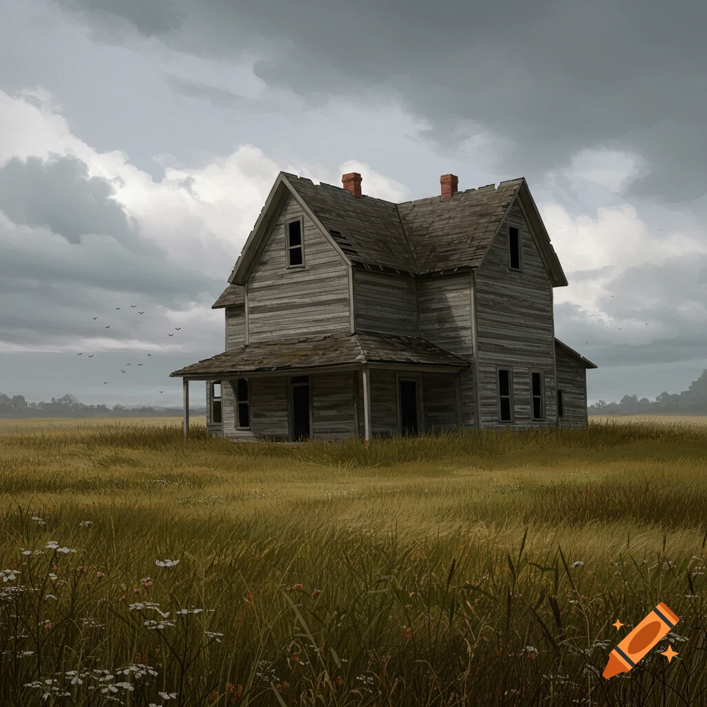 An abandoned 19th-century farmhouse stands in a grassy field under a cloudy sky.