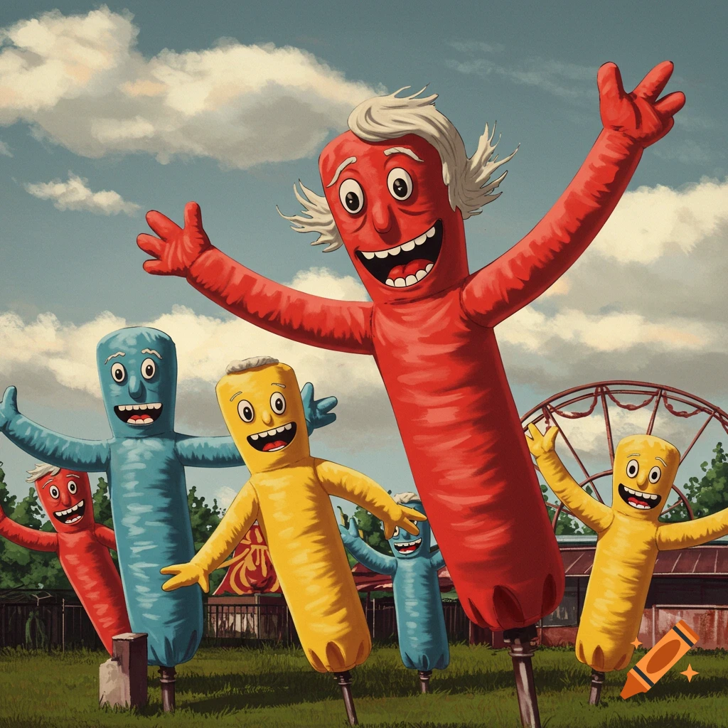 Several colorful, waving inflatable tube men with big smiles in a park-like setting with a Ferris wheel.
