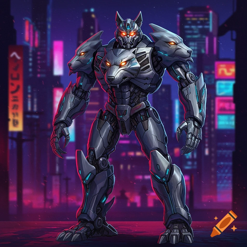 A wolf robot is in a cyberpunk city.
