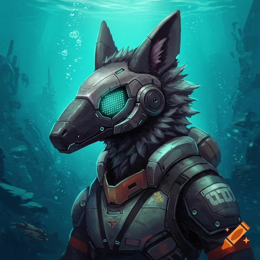 Protogen cyborg in bulky armor underwater