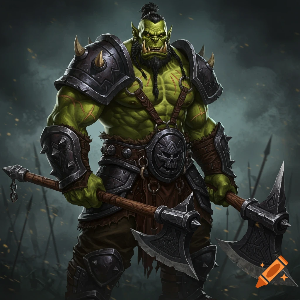 A muscular green orc warrior in armor holding two axes.