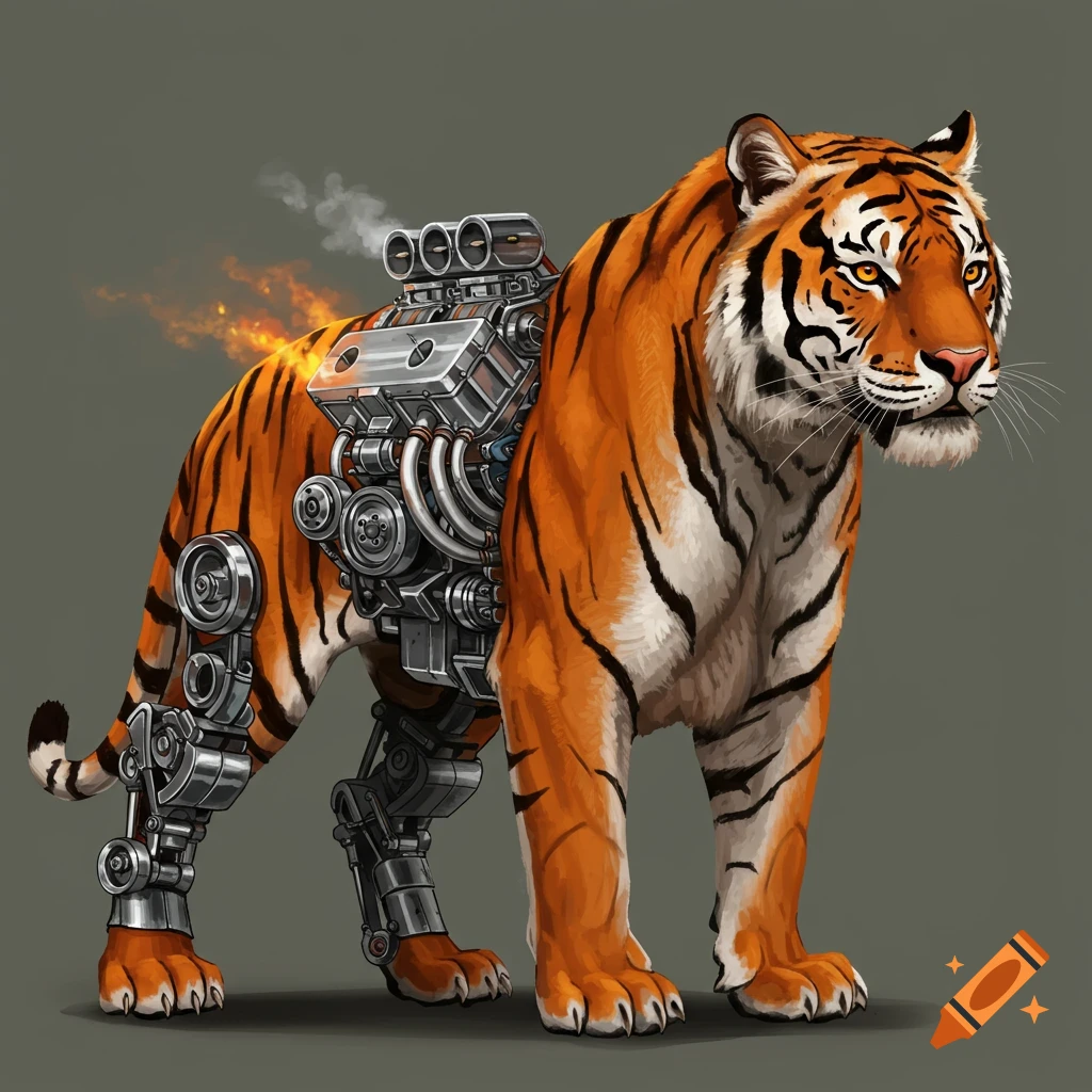 A tiger with a large engine on its back and mechanical hind legs, emitting smoke and fire.