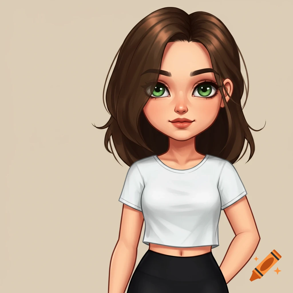 A cartoon drawing of a young woman with brown hair and green eyes wearing a white crop top and black leggings.