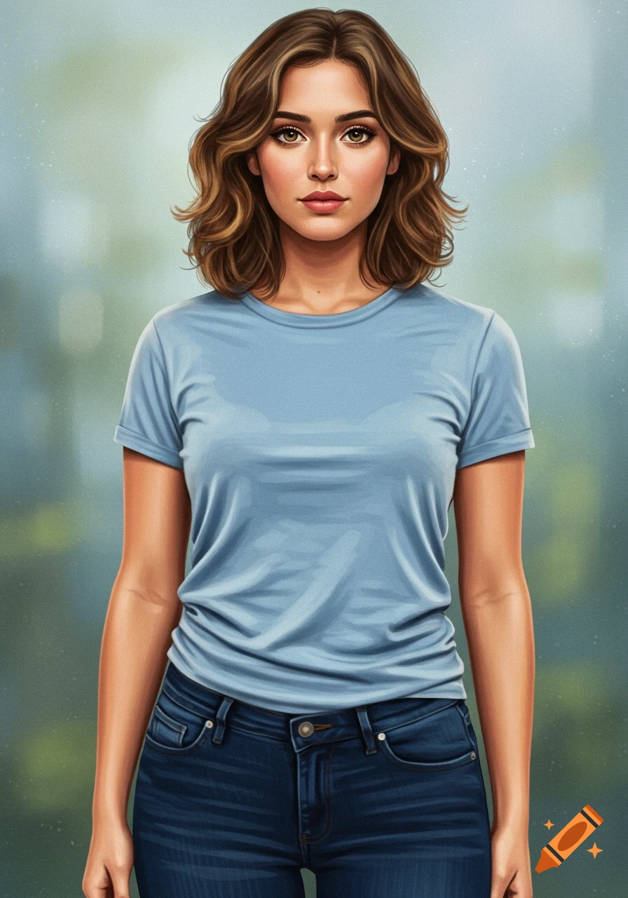 Painting of a woman wearing a blue t-shirt and jeans.