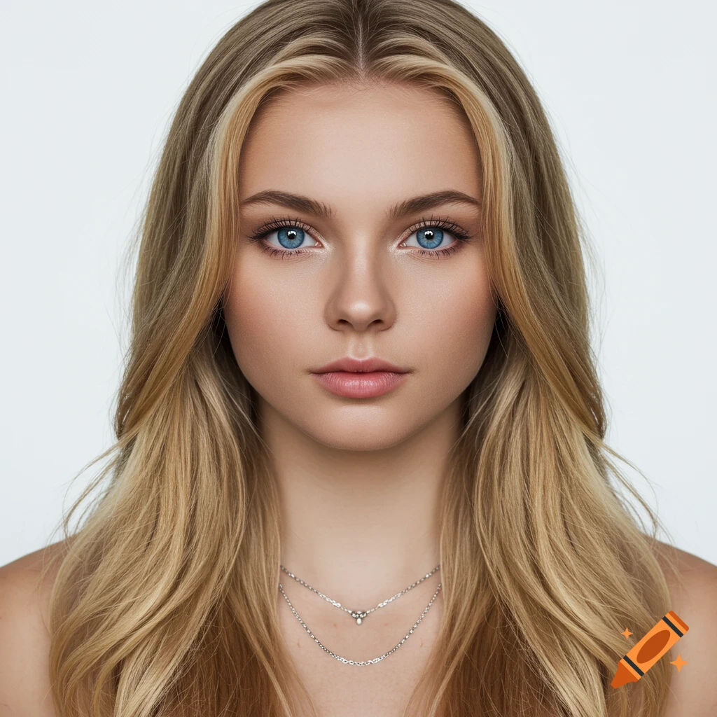 Photorealistic symmetrical portrait of a woman with blue eyes and blond hair looking at the camera