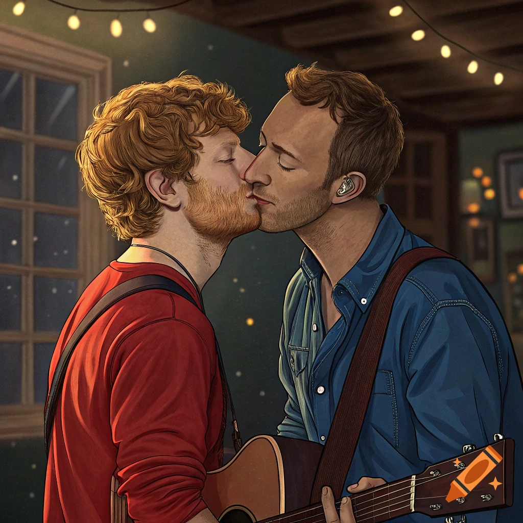 Two men kissing, one holding a guitar, in a room with string lights.