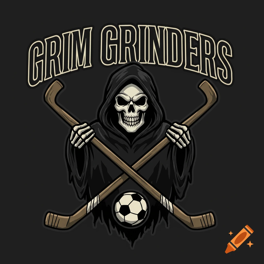 Team logo badge featuring a grim reaper mascot, crossed sports sticks, a soccer ball, and text 'GRIM GRINDERS'.