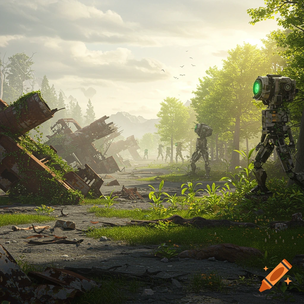 Robots walk along a path through a forest littered with destroyed machinery as sunlight streams through trees.