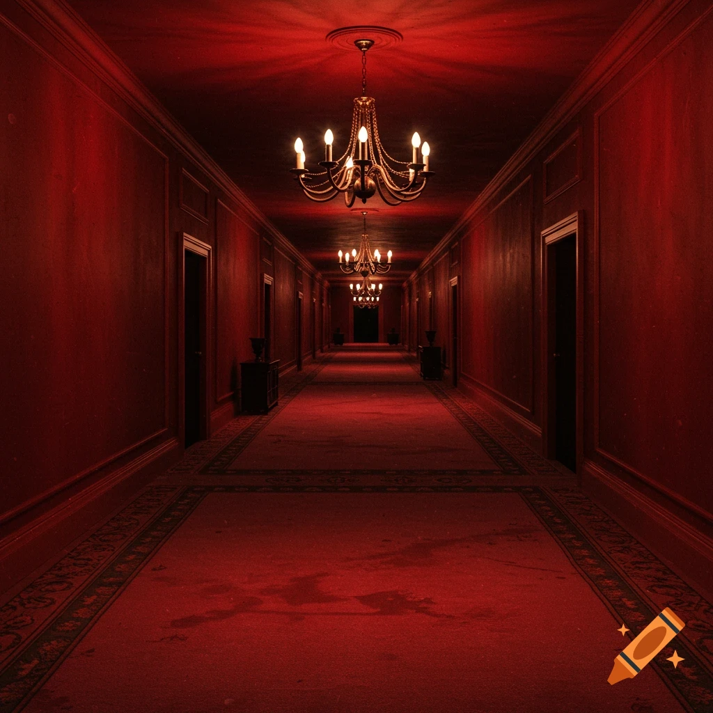 A long red hallway with chandeliers, carpet, and dark doors.