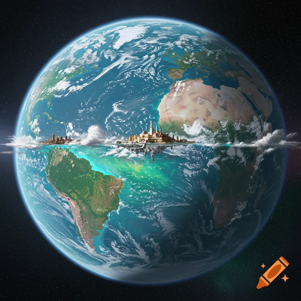 Image of Earth in space split horizontally by an ocean with cities on the horizon reflecting in the water.