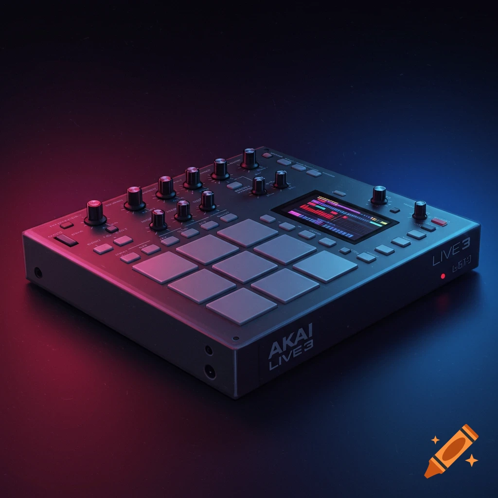 Akai MPC Live 3 music production sampler lit with red and blue light.