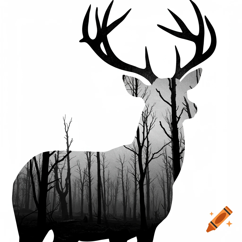 A deer silhouette with a dead forest inside.