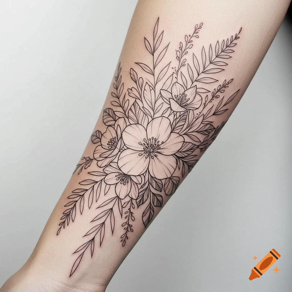 Line art floral tattoo design on a forearm.