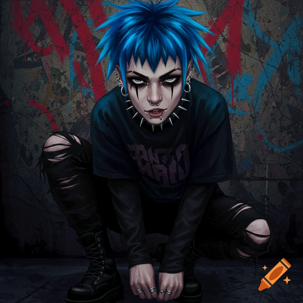 A person with blue spiked hair, heavy eyeliner, piercings, and ripped clothes, squatting against a graffiti wall.