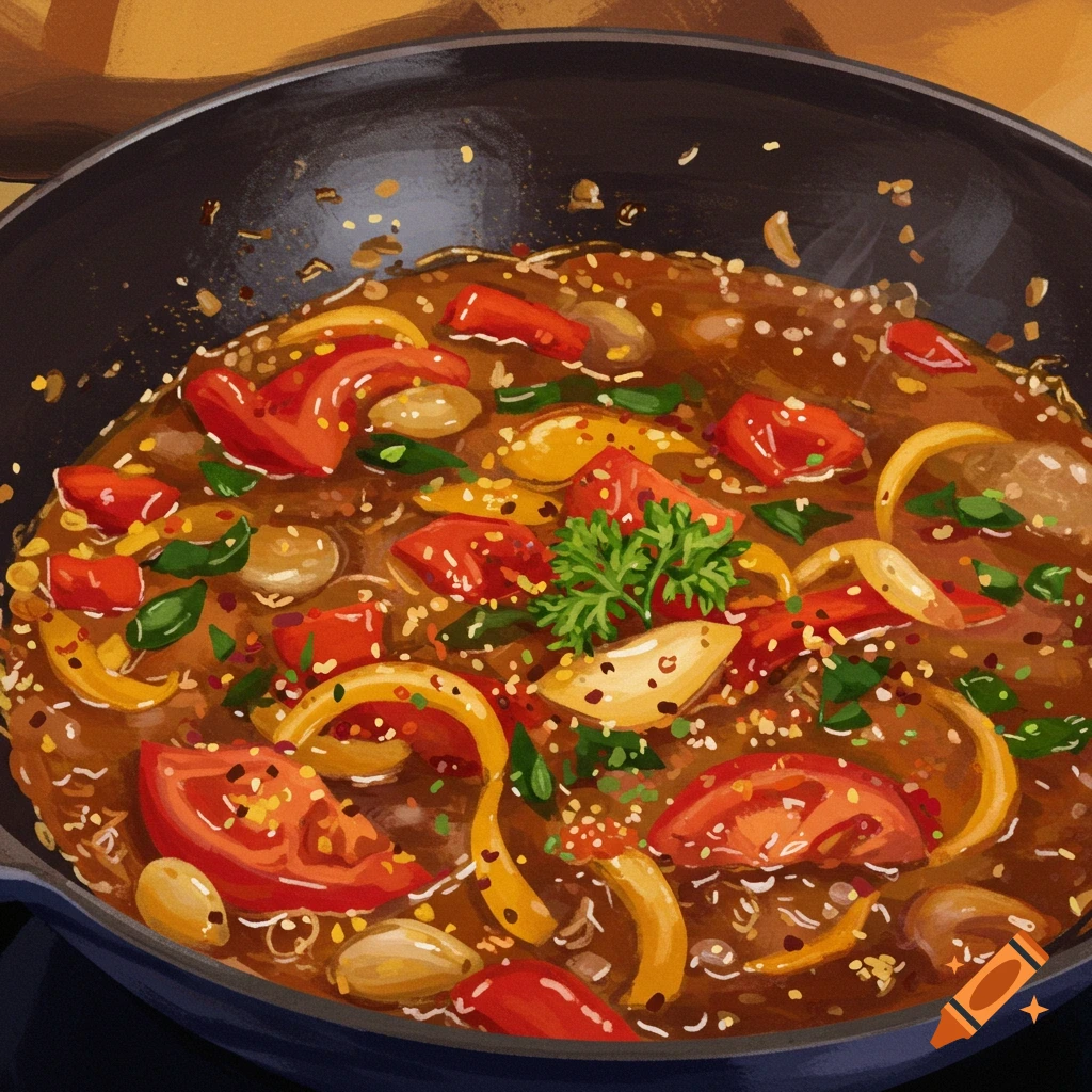 Illustration of spicy food with peppers and tomatoes in a pan.