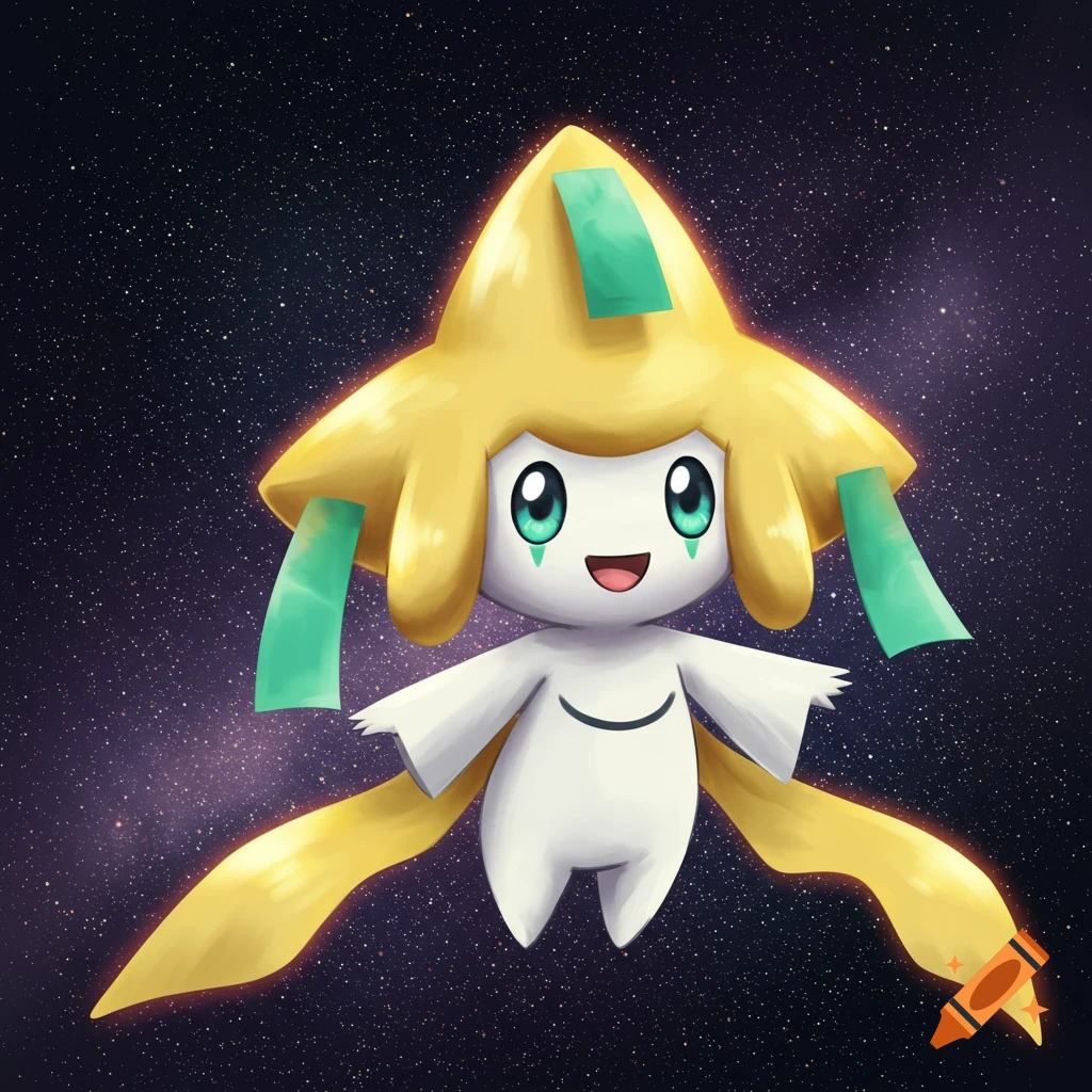 A digital illustration of the Pokémon Jirachi floating in space.