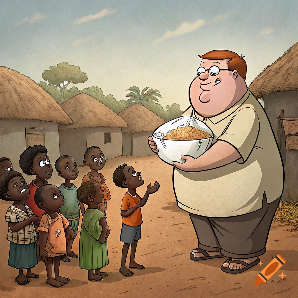 Cartoon image of Peter Griffin holding a large bowl of food for a group of children in a village.
