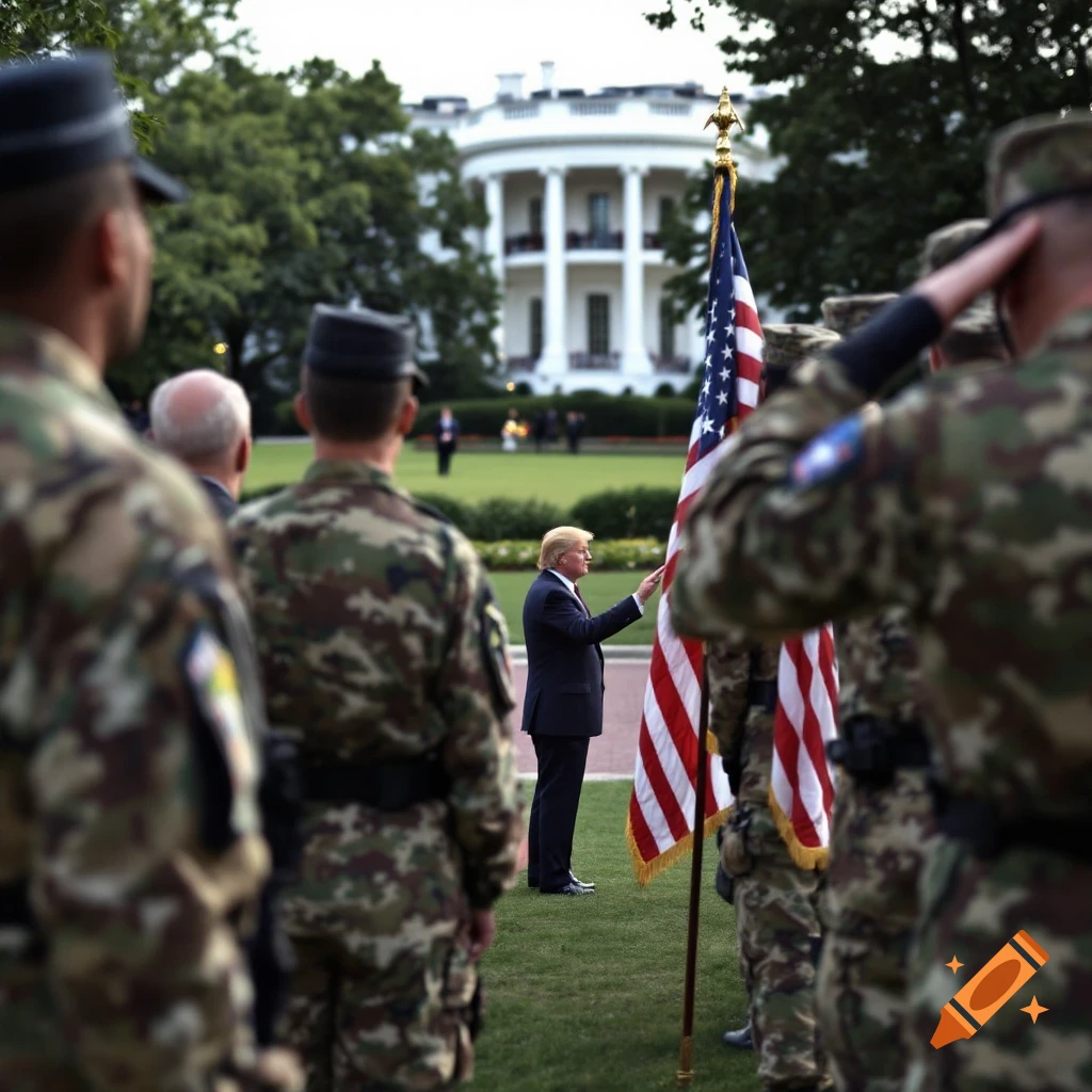 Donald Trump stands by an American flag with soldiers in camouflage in the foreground and the White House behind him.