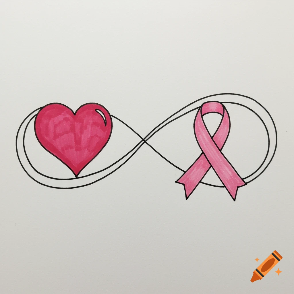Simple drawing of an infinity symbol connecting a pink heart and a pink breast cancer ribbon.
