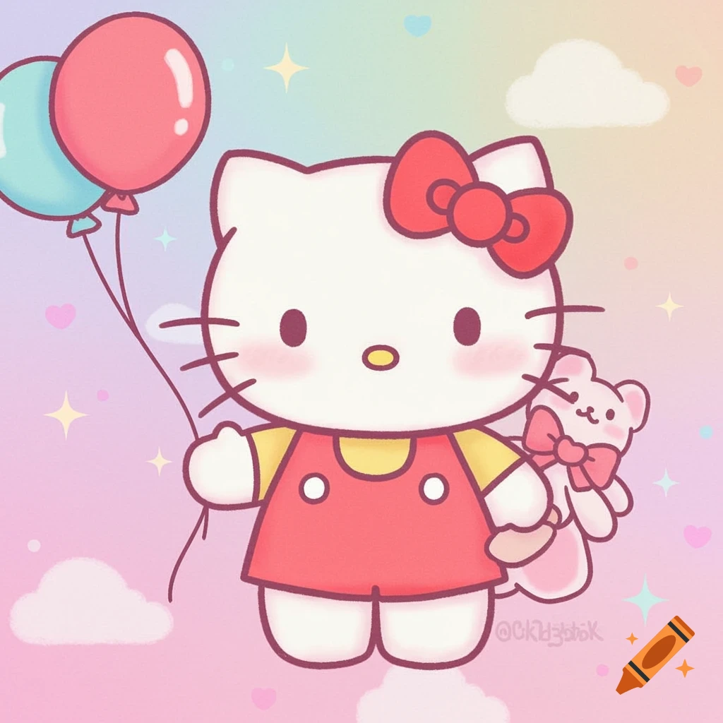 Hello Kitty holding balloons and a teddy bear on a pastel, sparkly background.
