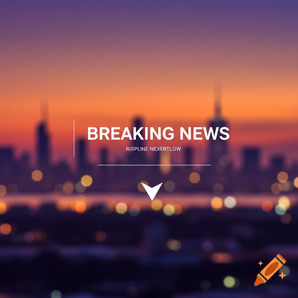 Breaking News graphic over a blurred cityscape at sunset.