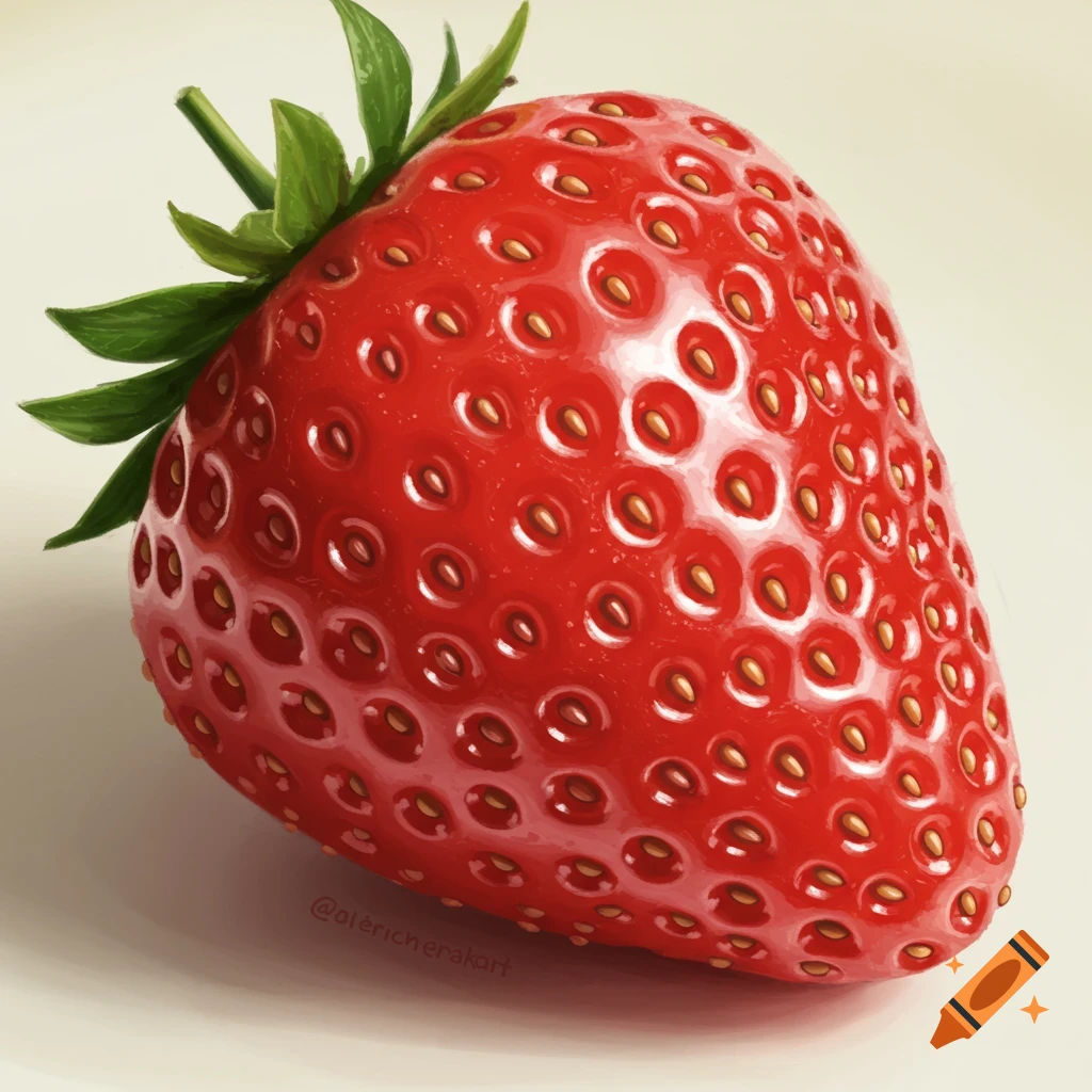 A close-up of a single red strawberry with green leaves.