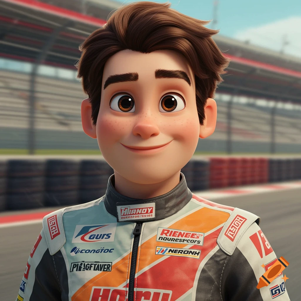 Cartoon portrait of a young male racer in a racing suit on a track.