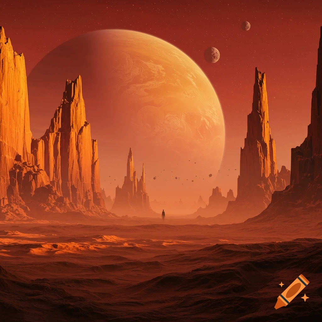 A person stands on a desert planet with rock formations under a large planet in the sky.