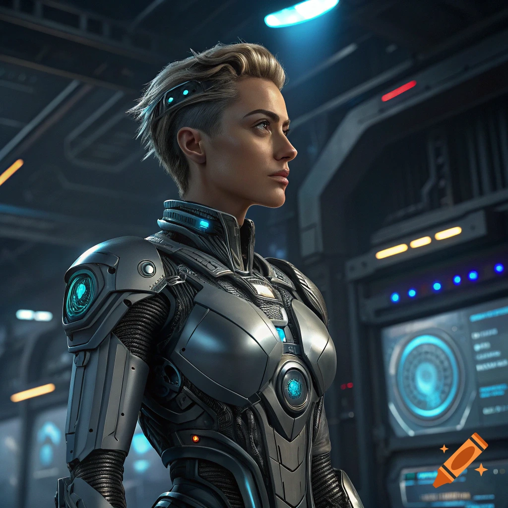 Person in futuristic grey and black robot armor in a sci-fi setting