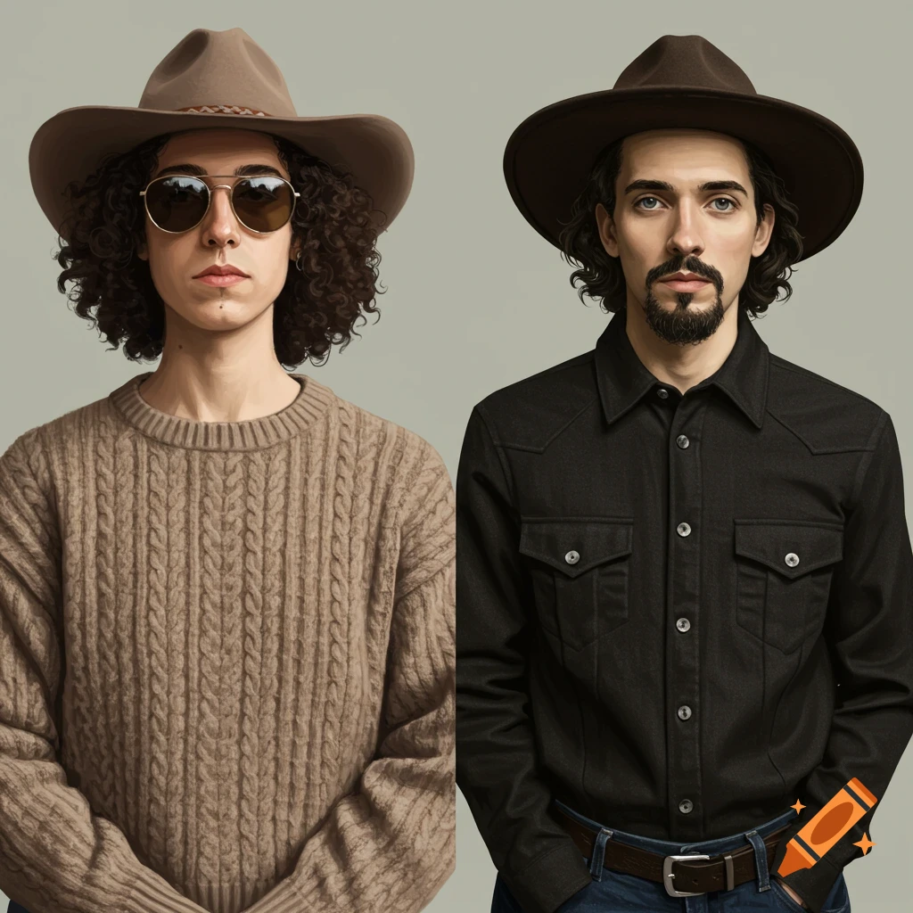 Two photorealistic portraits of men wearing cowboy hats and different outfits.