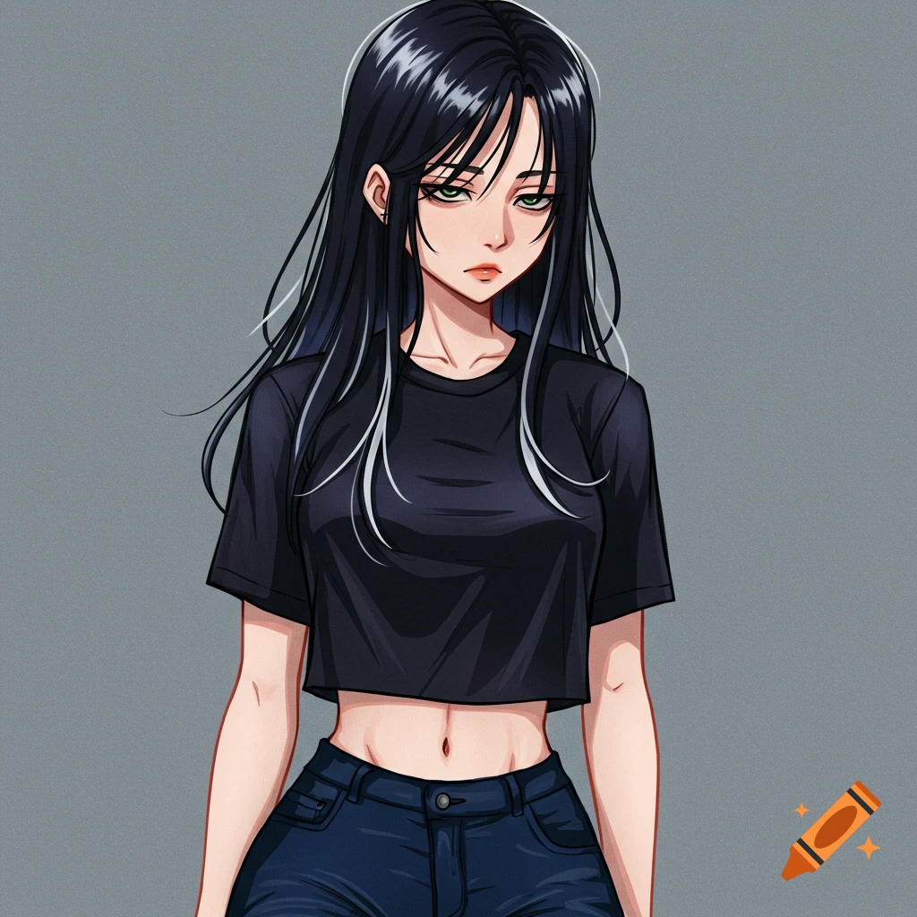Anime woman with black and white hair, green eyes, crop top, and jeans, in a manga style.