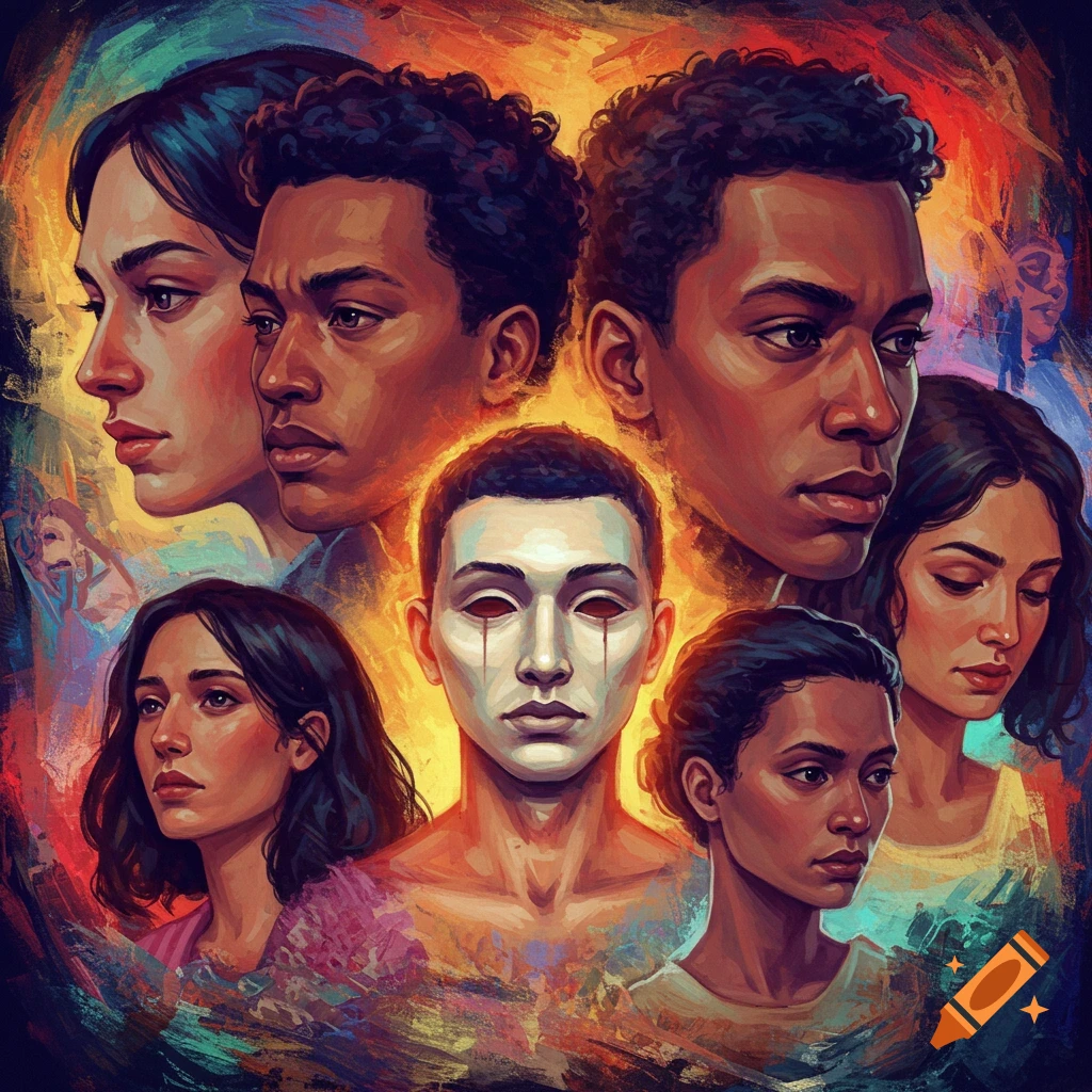 Multiple diverse faces in a collage, with a central figure having red eyes and streaks, in a vibrant, expressive style.