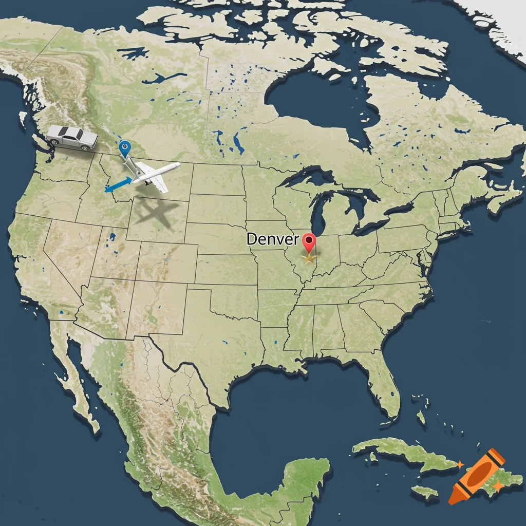 3D map of North America showing travel routes to Denver with car and plane icons.