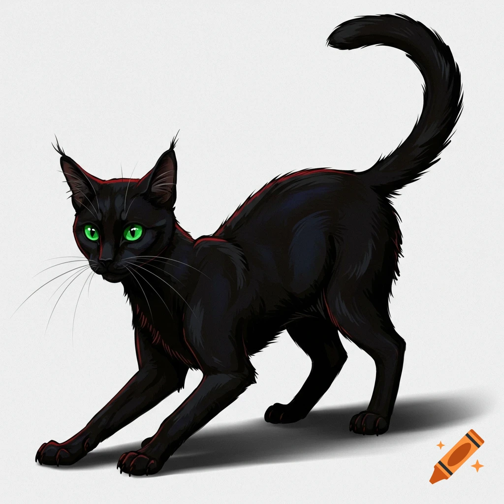 A black cat stretching with bright green eyes.