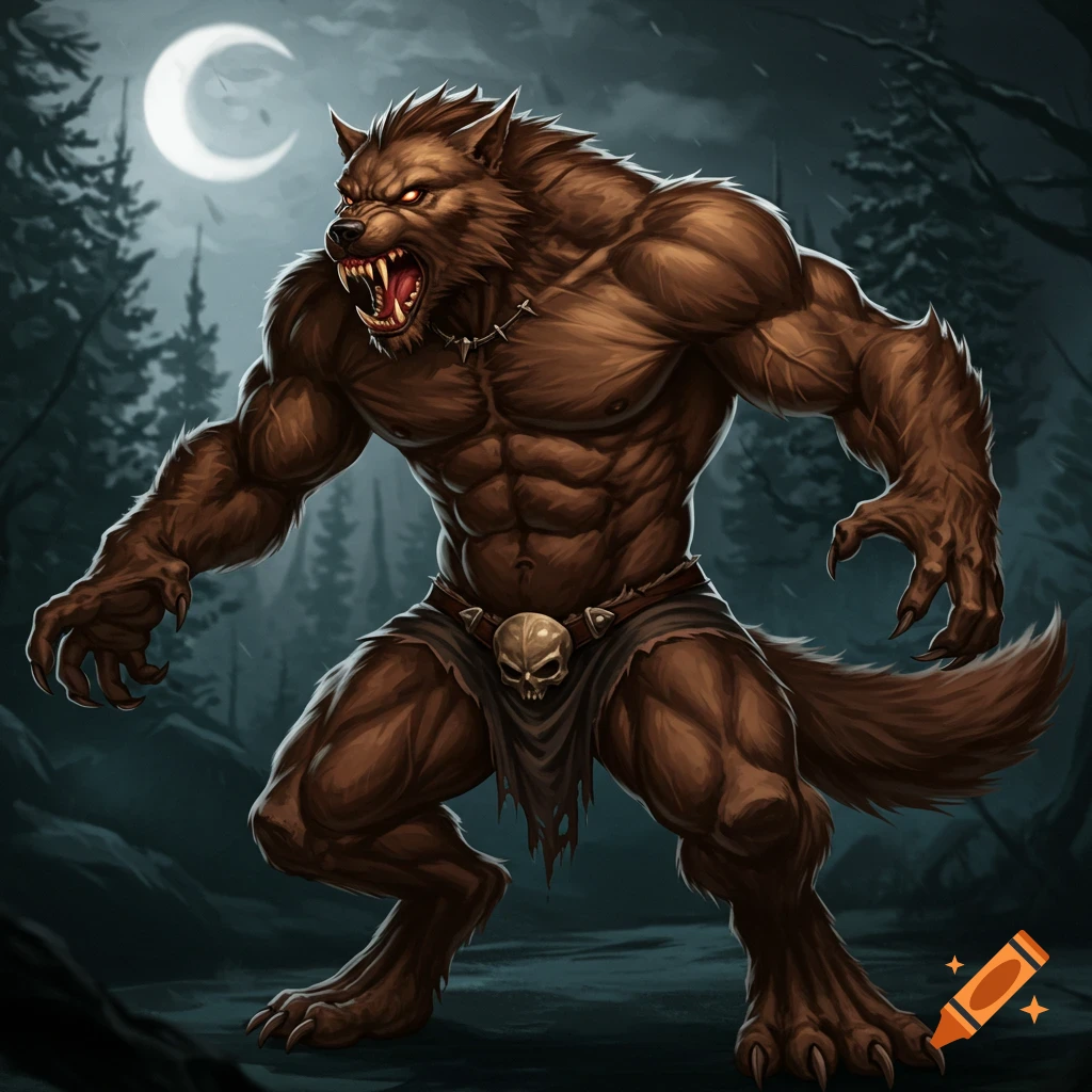 A muscular brown werewolf stands snarling in a forest at night under a full moon.
