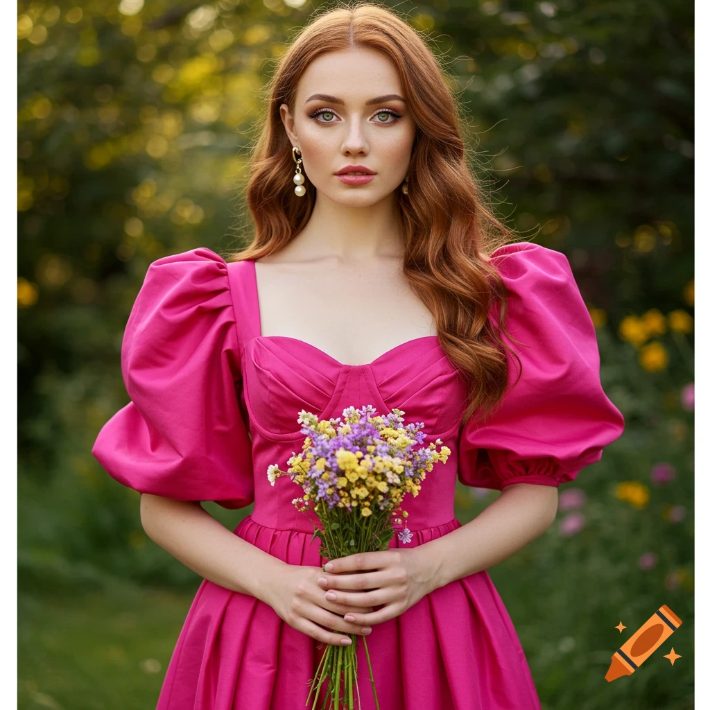 Woman in a pink puffy-sleeved dress holding flowers in a garden