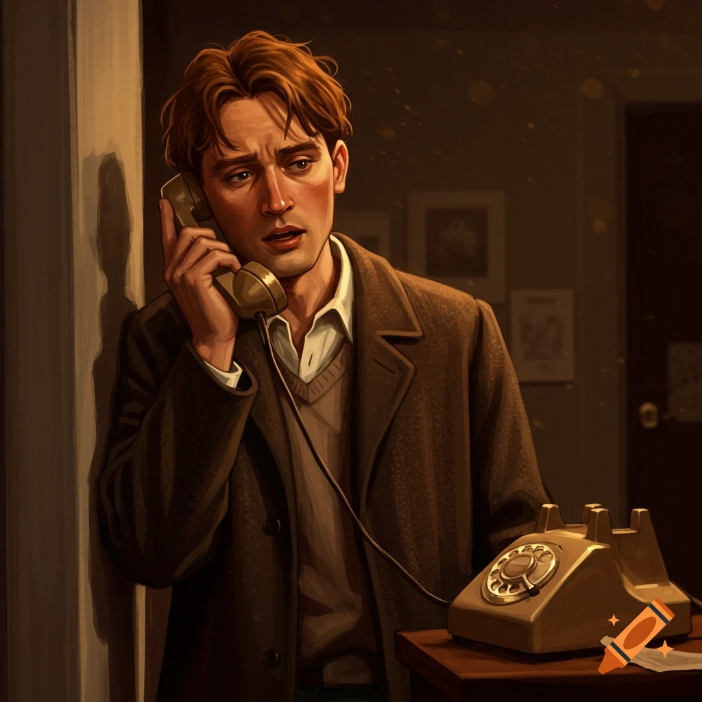 A man in a coat talking on a vintage rotary phone.