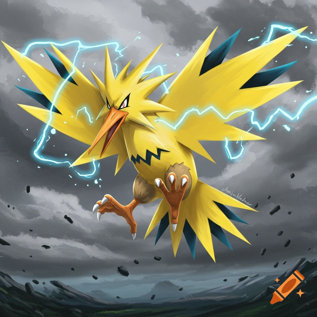 The Pokemon Zapdos is depicted flying in a stormy sky with lightning.