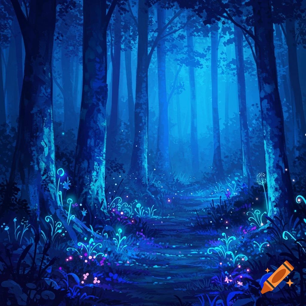 A path through a mystical blue forest with glowing plants.